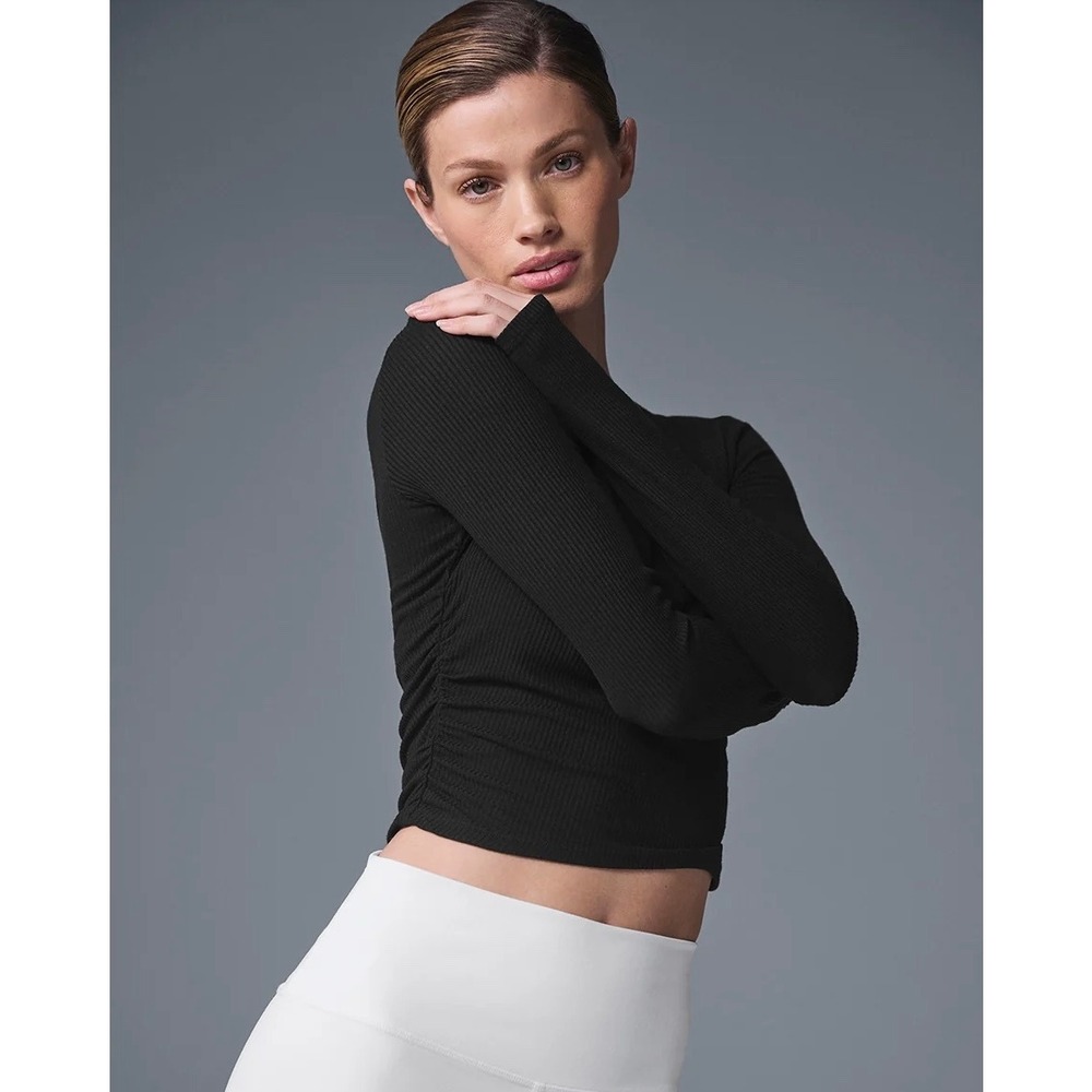 Alo Yoga Gather Long Sleeve Black Ribbed Ruched Crop Top XS